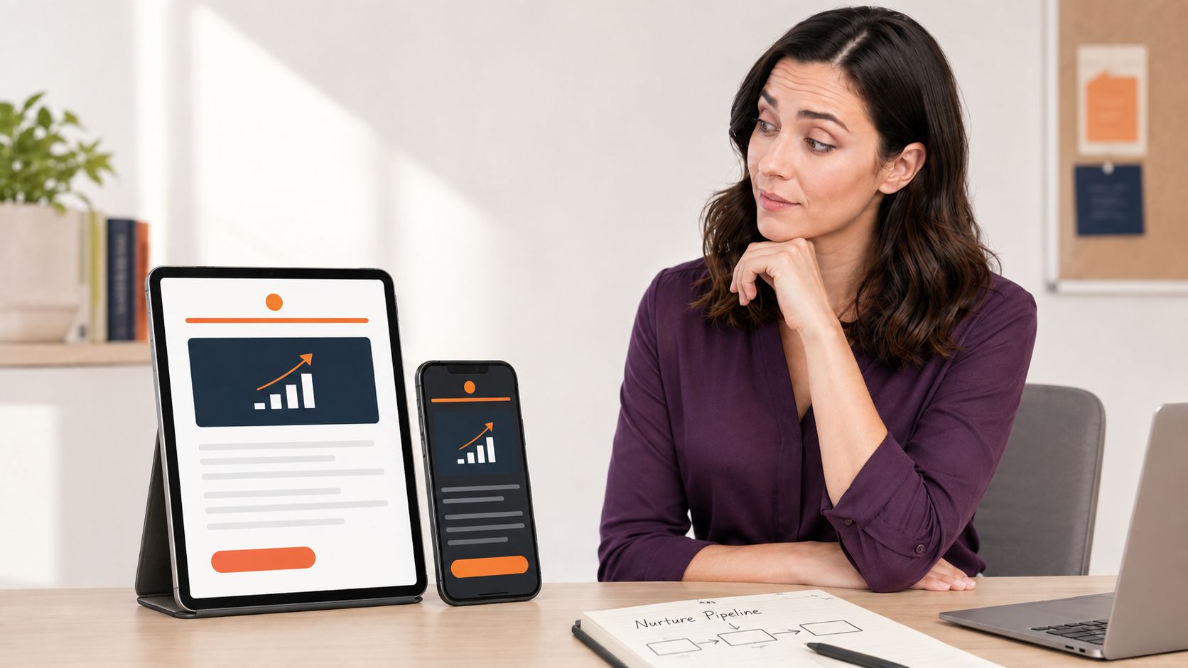 A marketer reviewing a HubSpot campaign on phone and tablet email previews
