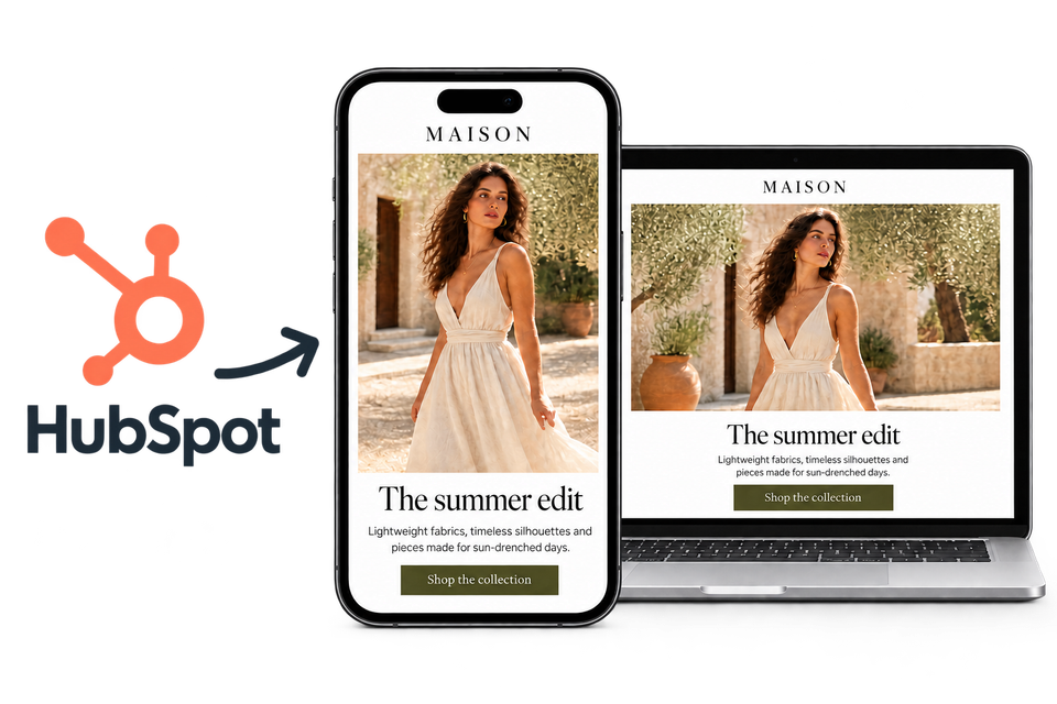 HubSpot logo with an arrow pointing to a fashion email campaign on a phone and laptop