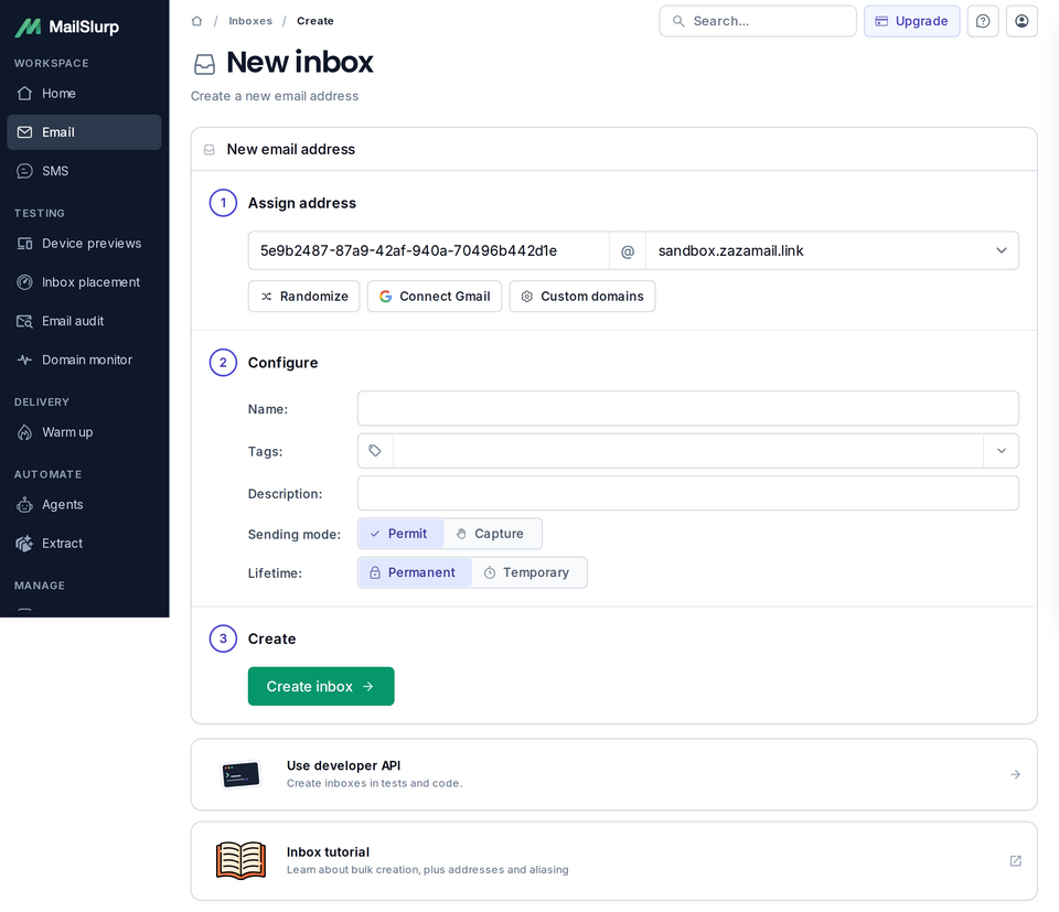 MailSlurp New inbox form with address, name and tags fields and Permit and Permanent selected