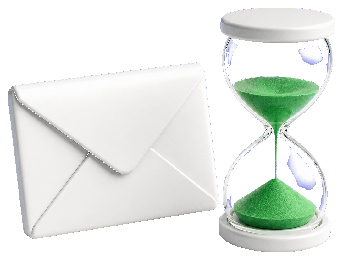 Email envelope beside an hourglass showing automatic inbox expiry
