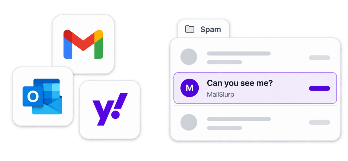 Gmail, Outlook and Yahoo beside a message in a spam folder