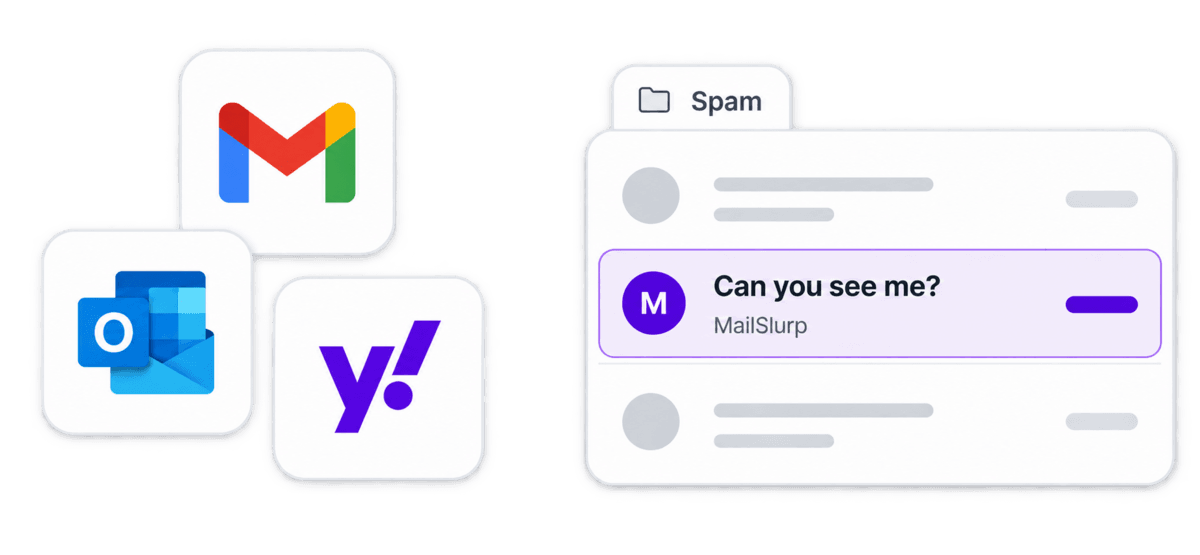 Gmail, Outlook and Yahoo logos beside a campaign email in the spam folder