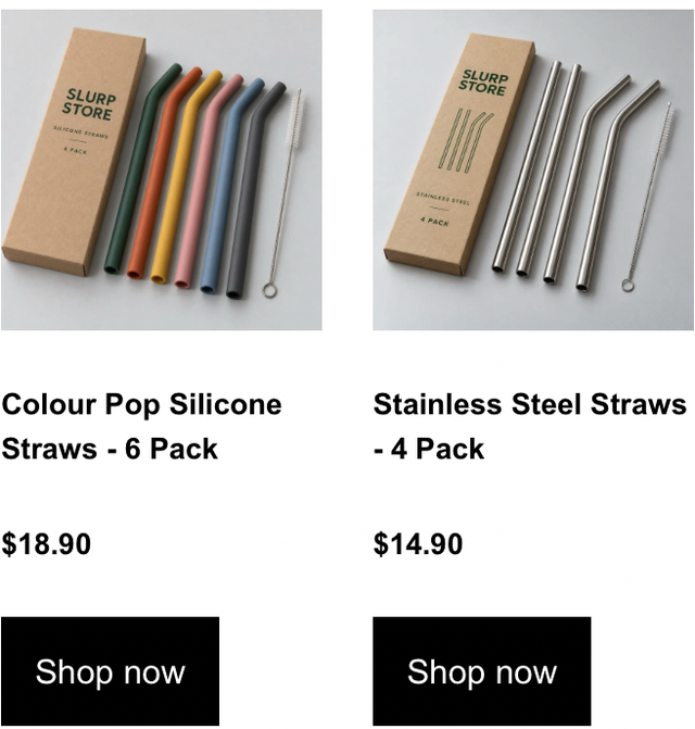 Focused iOS Mail detail with two product photographs, names wrapped onto two lines and aligned prices and Shop now buttons