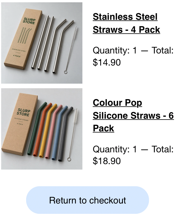 Focused iOS Mail detail showing both products with their quantities and prices above a pale-blue rounded Return to checkout button