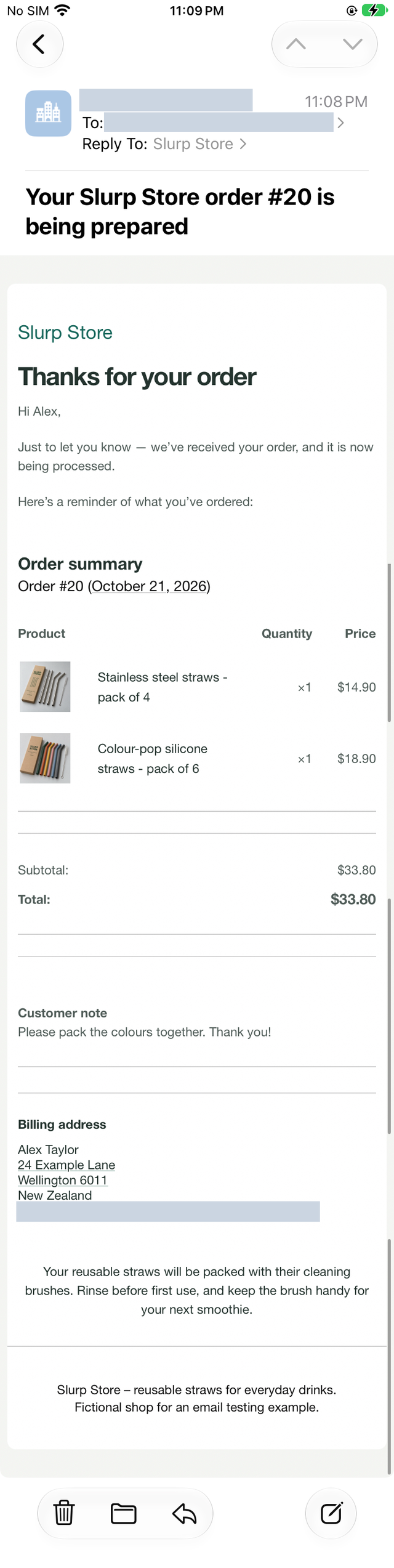 Complete Slurp Store order email in iPhone Mail with wrapped product names, visible photographs and readable quantity and price columns