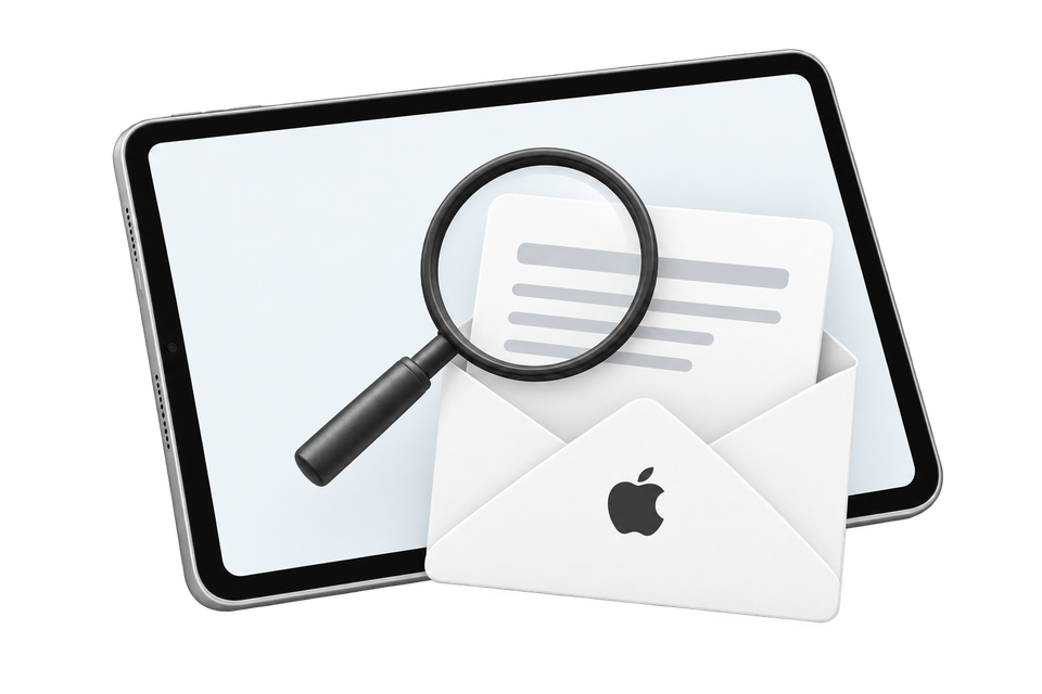 An iPad, Apple-branded envelope and magnifying glass illustrating an email review