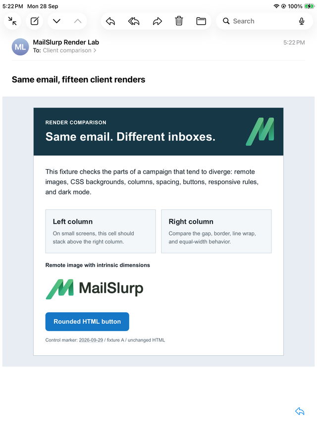 The same controlled email in Mail on a physical iPad with two columns and the complete email visible