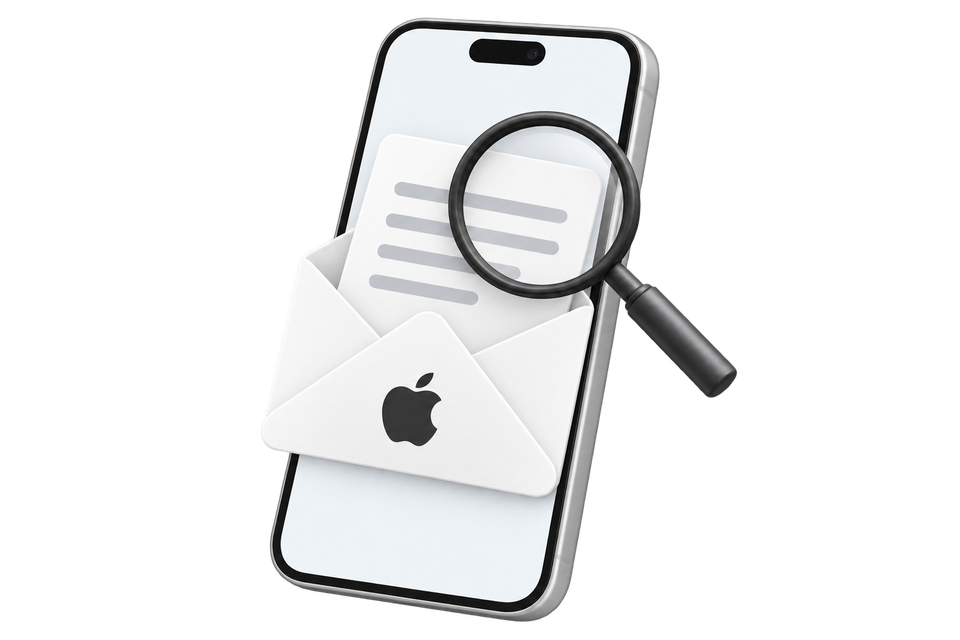 An iPhone, Apple-branded envelope and magnifying glass illustrating an email review