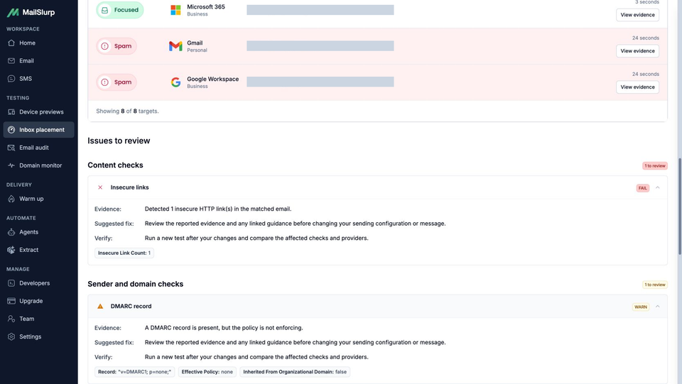 Final three placement rows above expanded findings for one insecure HTTP link and a DMARC record with policy none