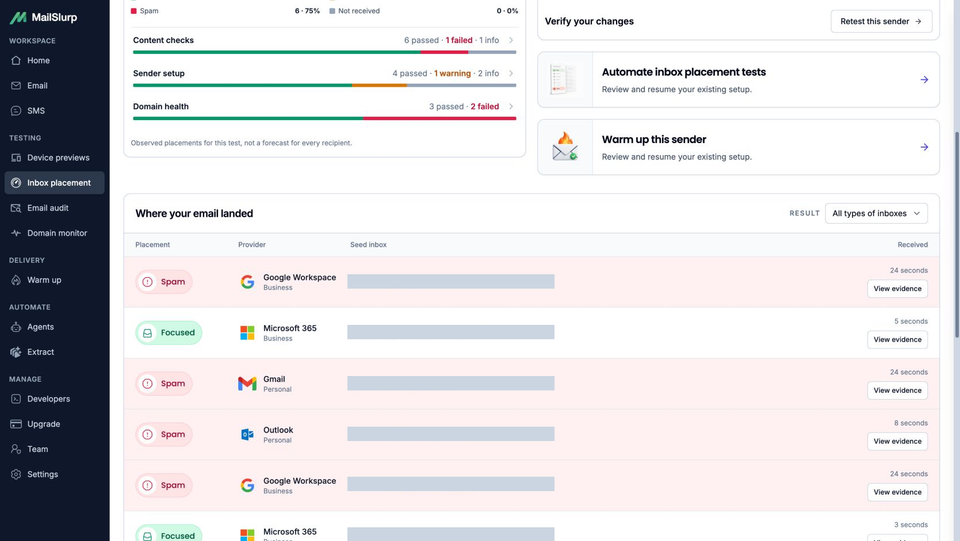MailSlurp provider rows showing Google Workspace Spam, Microsoft 365 Focused, Gmail Spam and Outlook Spam placements
