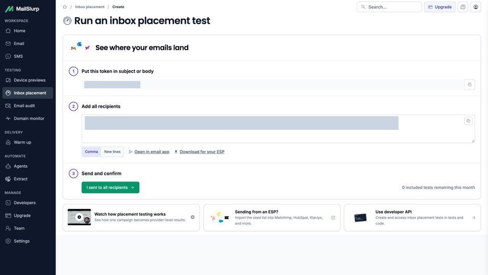 MailSlurp's inbox placement setup showing the token, recipient list, comma and new-line formatting options, and send confirmation control
