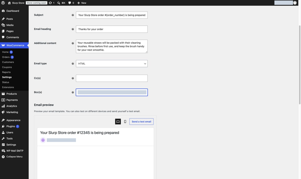 WooCommerce Processing order email settings with Subject, additional content and the native Bcc recipient field