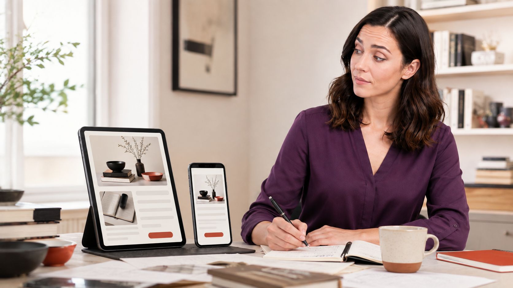 A marketer reviewing a Kit campaign on phone and tablet email previews