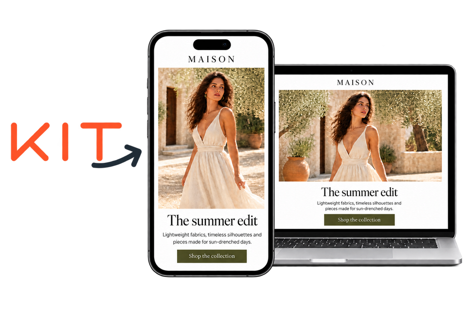 Kit logo with an arrow pointing to a fashion email campaign on a phone and laptop