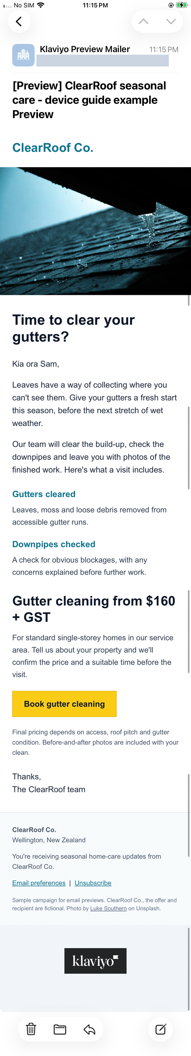 The same original Klaviyo email in Apple Mail on iPhone with the service descriptions stacked vertically