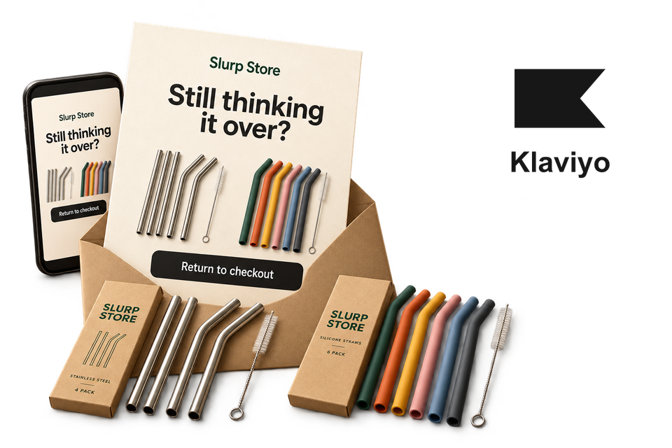 Klaviyo logo beside an illustration of a Slurp Store checkout reminder, a phone and reusable drinking straws