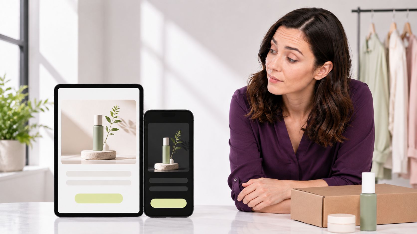 A marketer reviewing a Klaviyo campaign on phone and tablet email previews