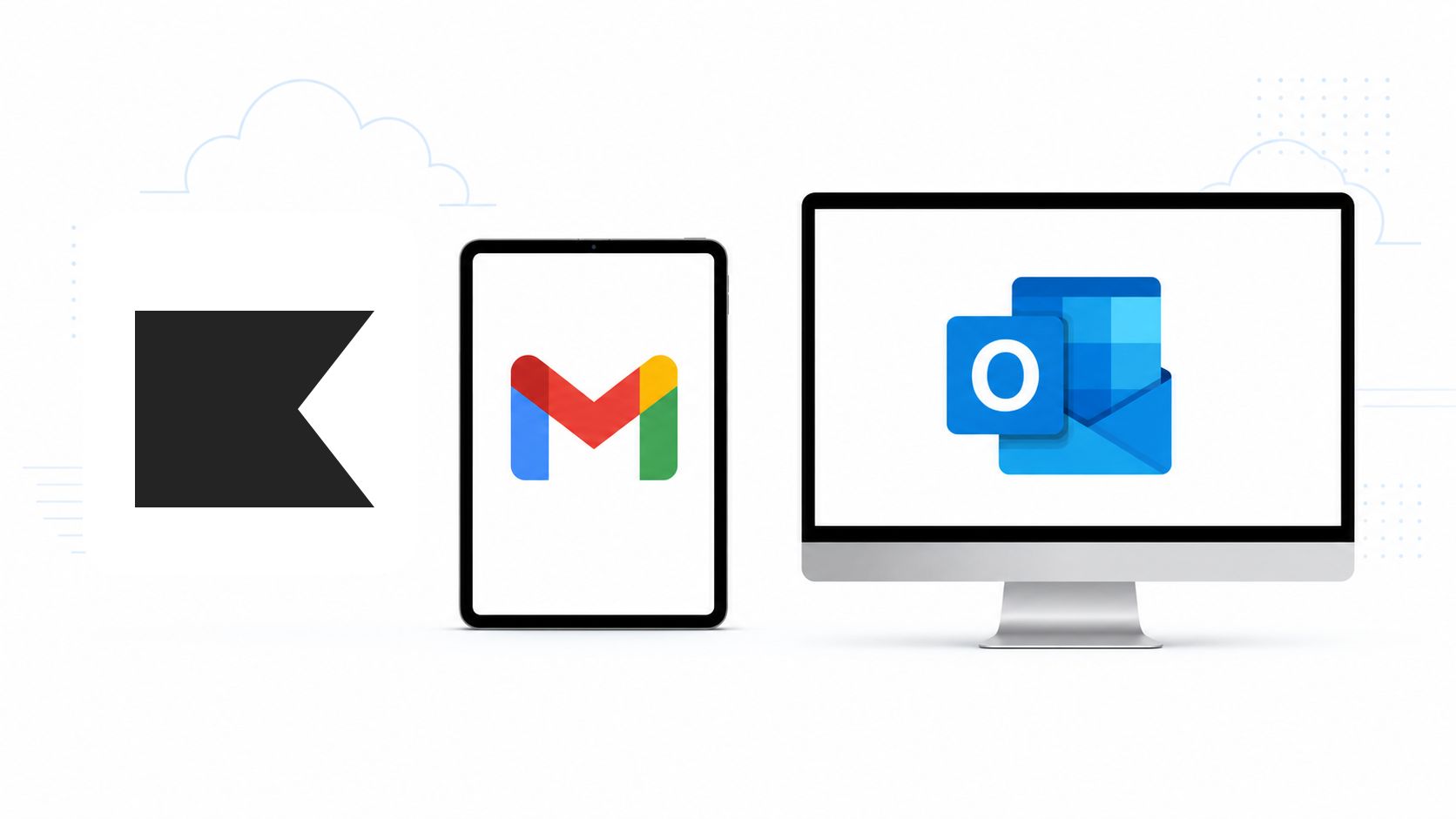 Klaviyo logo beside an iPad with Gmail and a desktop monitor with Outlook