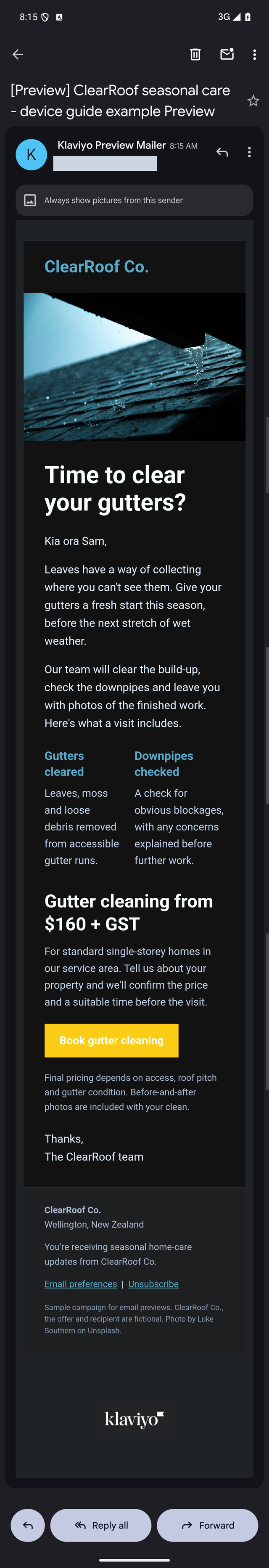 The same Klaviyo email in Gmail Android dark mode with a near-white booking label on the unchanged yellow button