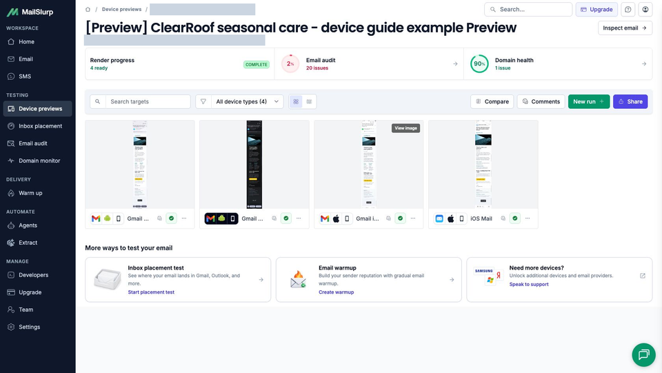 Full MailSlurp results window showing the ClearRoof Klaviyo preview with four ready client captures and complete render progress