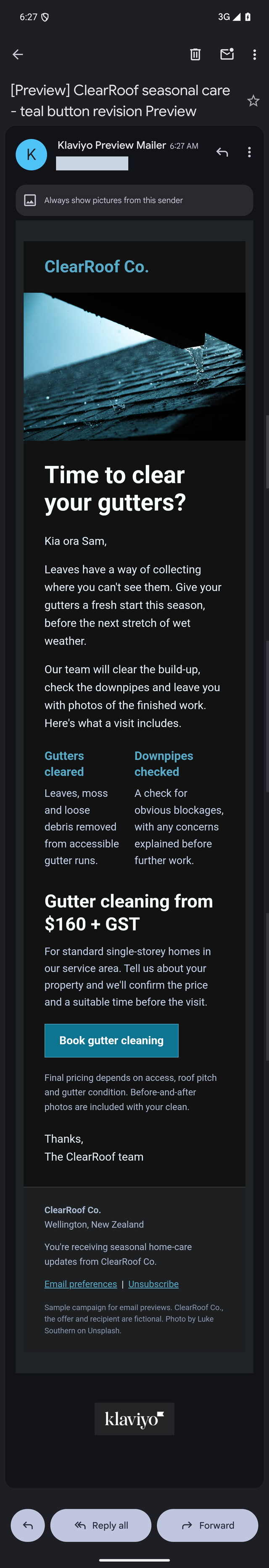 Revised Klaviyo email in Gmail Android dark mode with a readable white booking label on a teal button