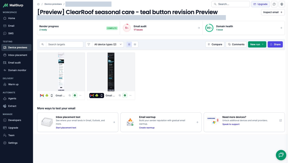 Full MailSlurp result window for the teal-button Klaviyo revision with two ready Android captures and complete render progress