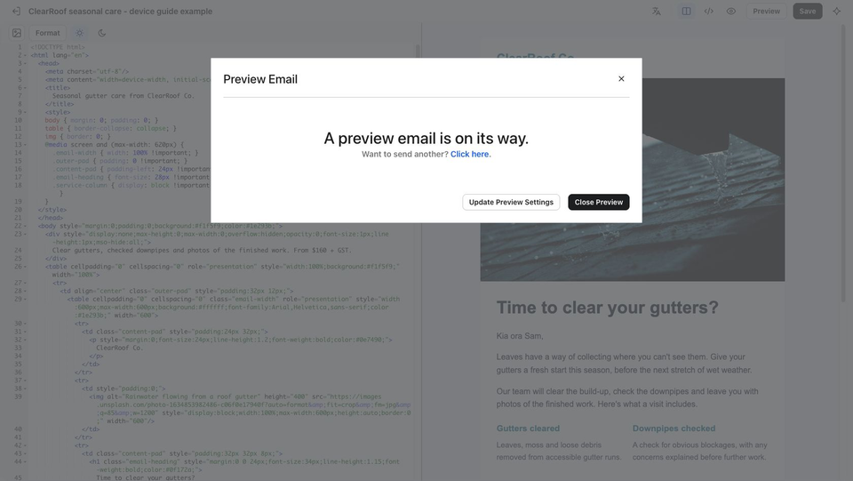 Full Klaviyo HTML editor with the Preview Email dialog confirming that a preview email is on its way