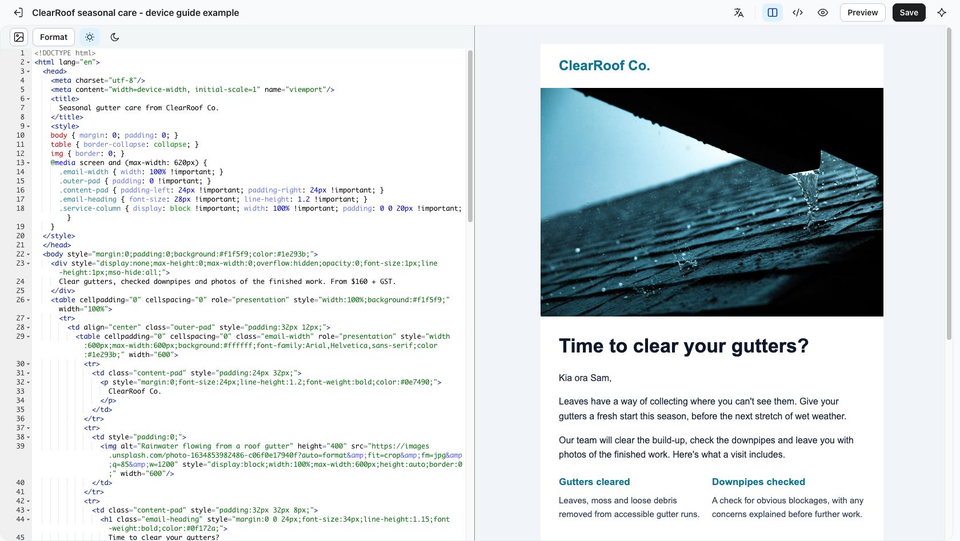 Full Klaviyo HTML template editor showing the ClearRoof source and browser preview with the photograph and two service columns