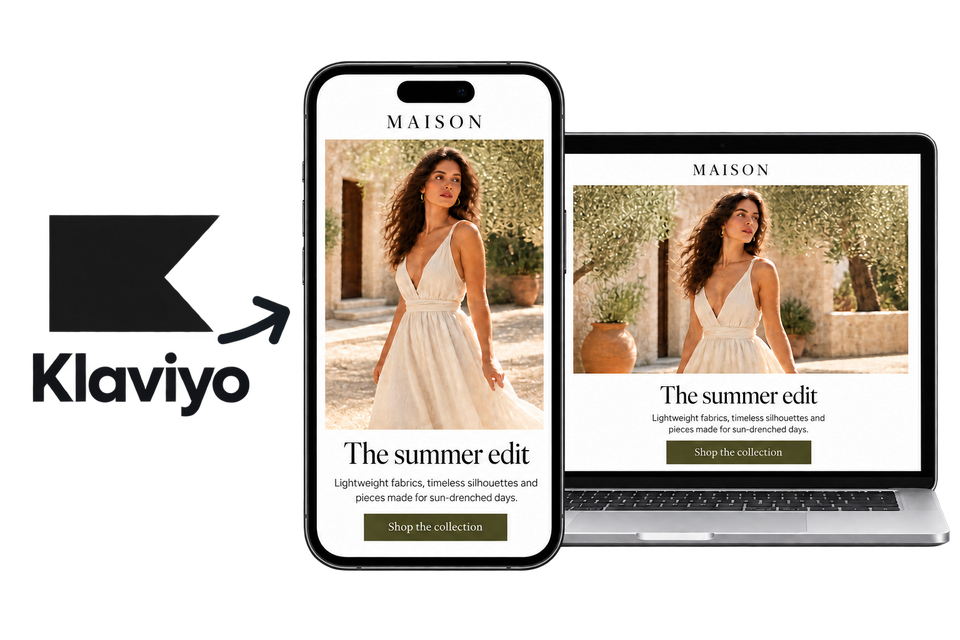 Klaviyo logo with an arrow pointing to an illustrative fashion email on a phone and laptop