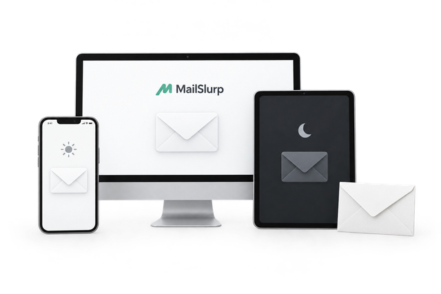 Email previews in light and dark mode on phones, tablets and desktop
