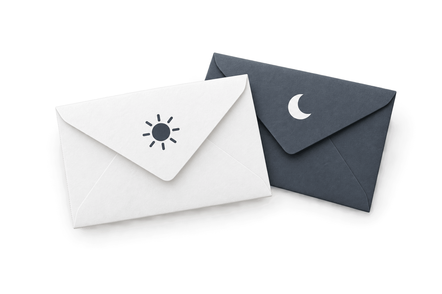 Light and dark email envelopes with sun and moon symbols
