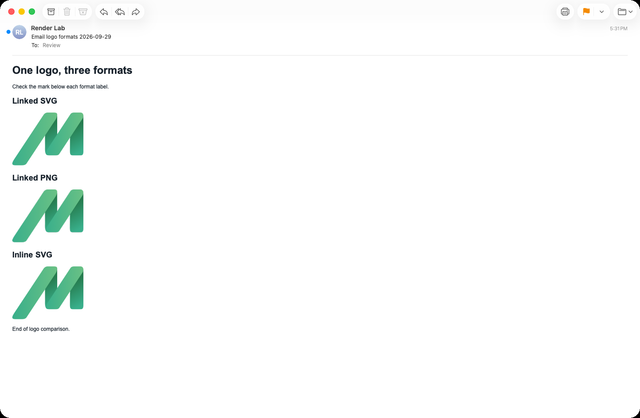 Apple Mail on macOS showing icons under linked SVG, linked PNG and inline SVG headings