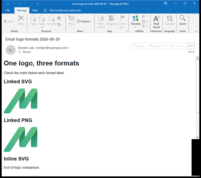 Outlook Classic showing linked SVG and PNG icons but no icon below the Inline SVG heading