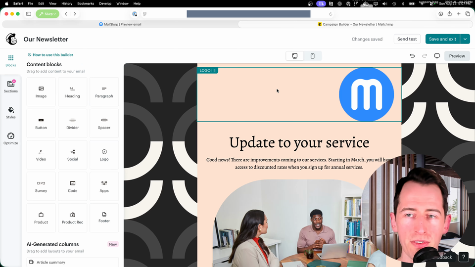 Full Mailchimp editor window showing the service-update campaign, content-block sidebar and Send test action