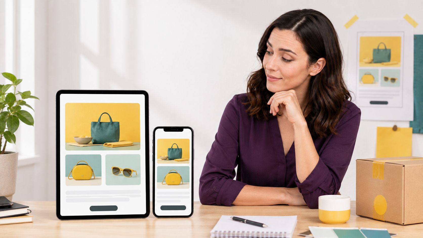 A marketer reviewing a Mailchimp campaign on phone and tablet email previews