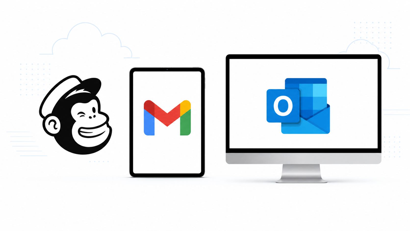 Mailchimp logo beside an iPad with Gmail and a desktop monitor with Outlook
