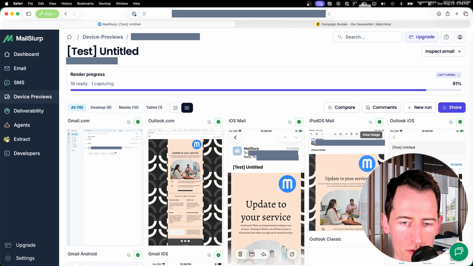 Full MailSlurp result window showing the service-update campaign with 18 ready captures and one still capturing