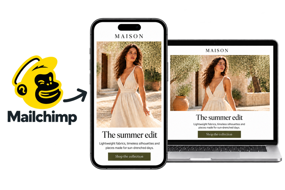 Mailchimp logo with an arrow pointing to a fashion email campaign on a phone and laptop