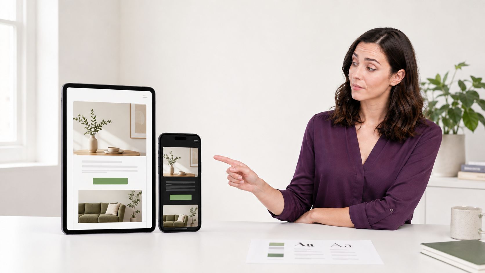 A marketer reviewing a MailerLite campaign on phone and tablet email previews