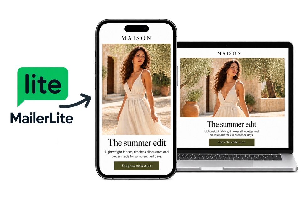 MailerLite logo with an arrow pointing to a fashion email campaign on a phone and laptop