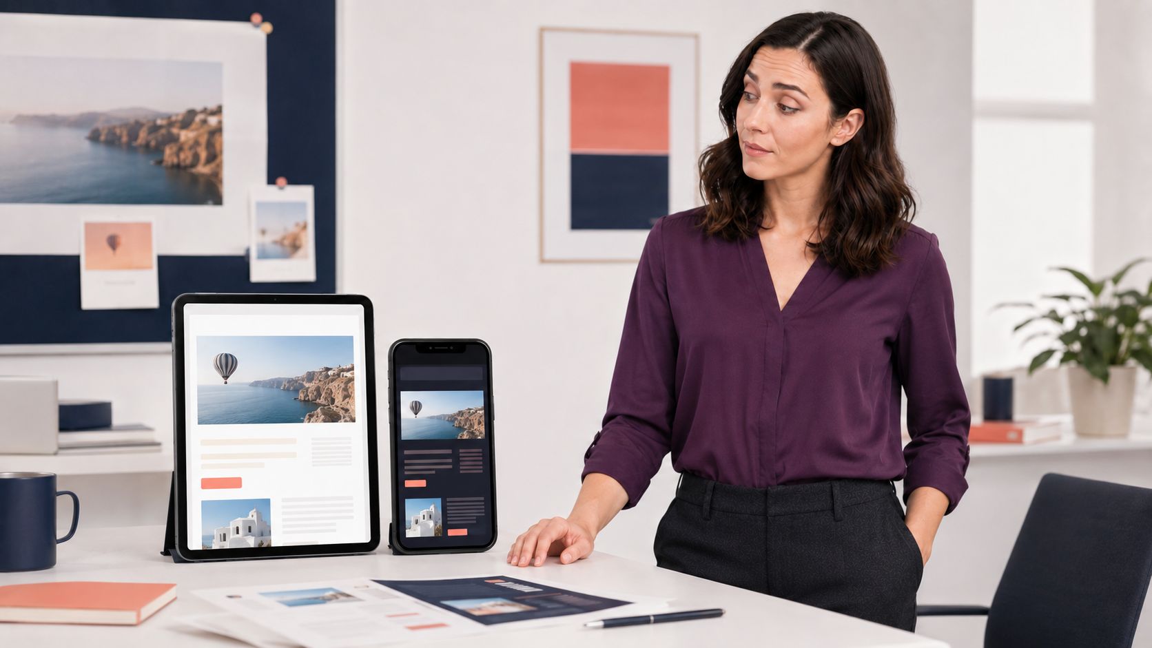 A marketer reviewing a Mailjet campaign on phone and tablet email previews
