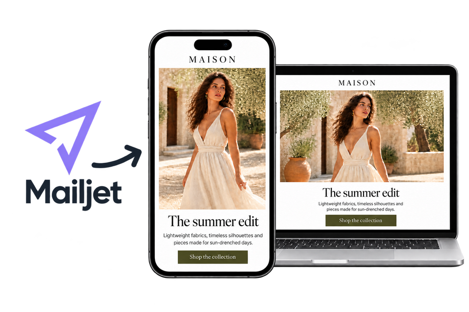 Mailjet logo with an arrow pointing to a fashion email campaign on a phone and laptop
