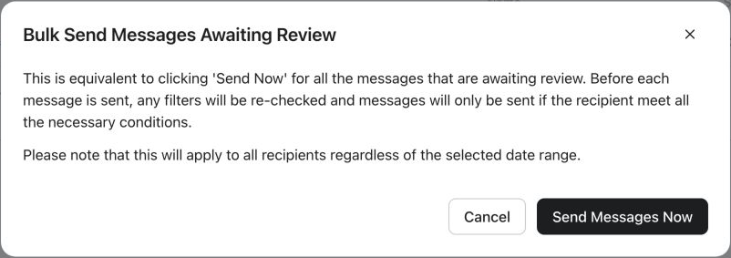 Klaviyo Bulk Send Messages Awaiting Review dialog explaining that filters are rechecked and all awaiting recipients are included regardless of date range