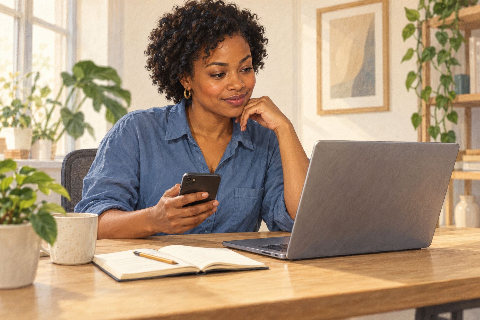 An email marketer checking her laptop and phone at her desk