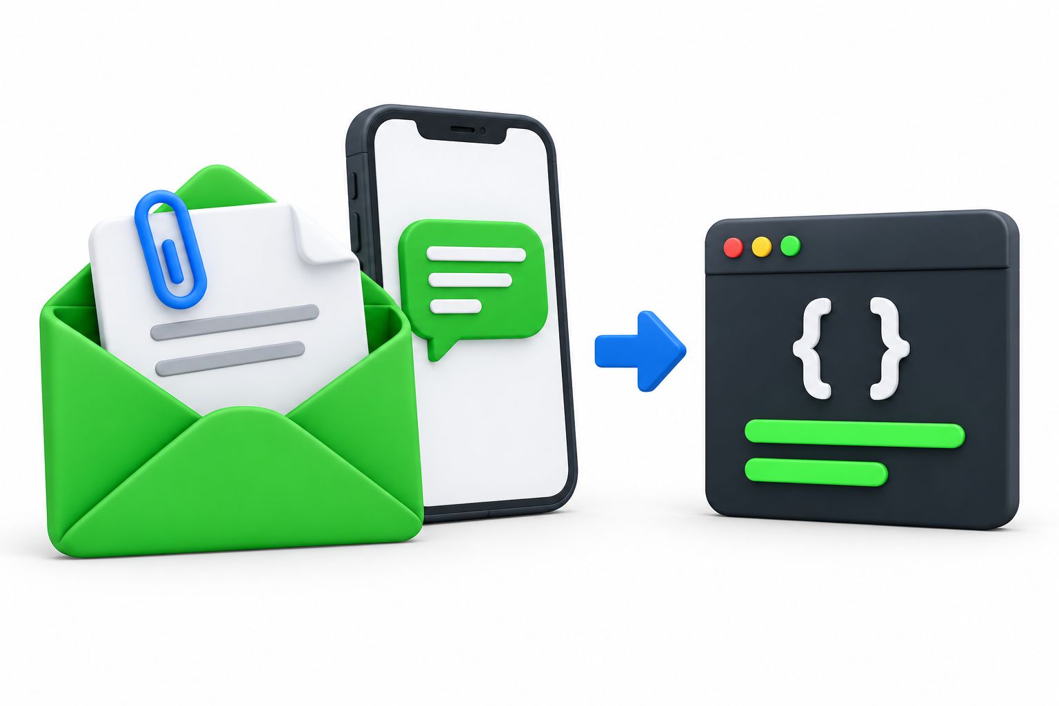 Incoming email, an attachment and an SMS phone feeding structured data into an application