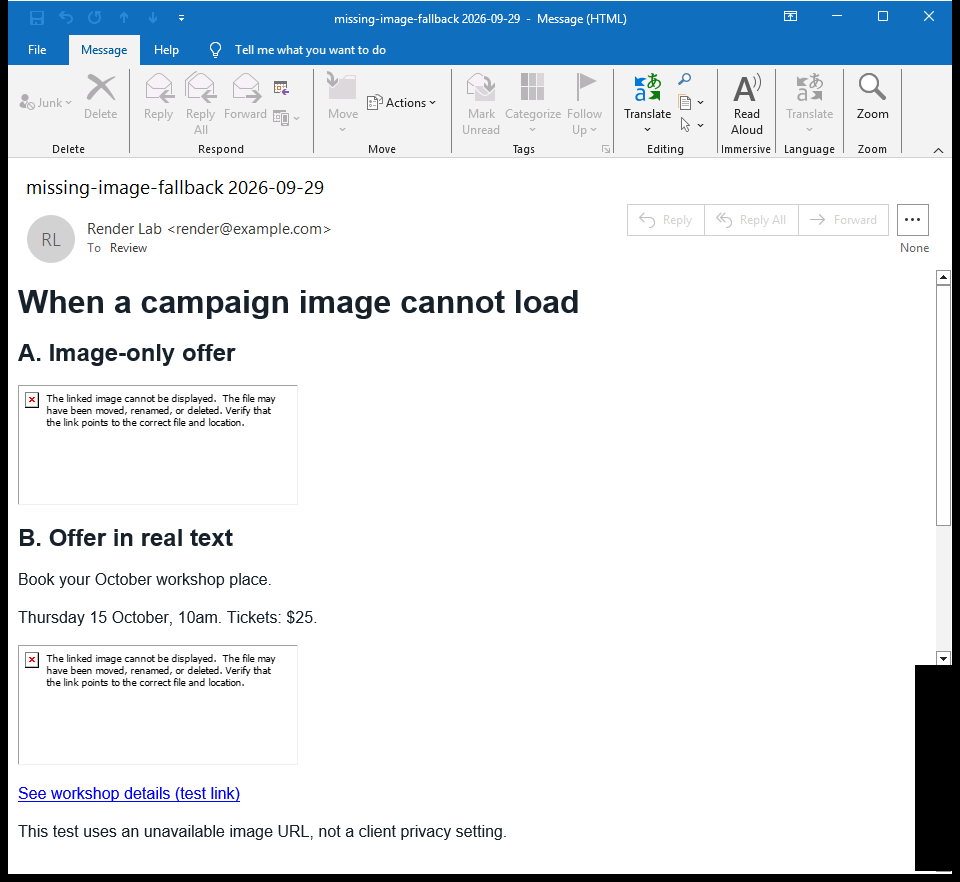 Outlook Classic showing an unavailable image in both sections, with the workshop offer, date, price and text link still visible in the second section