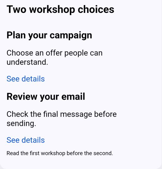 Gmail Android version two with Plan your campaign above Review your email in a single reading column