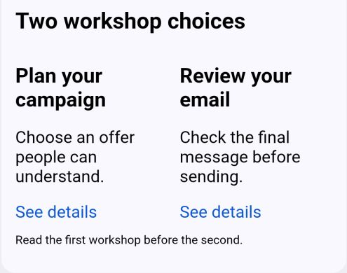 Gmail Android version one with the two workshop sections squeezed into side-by-side columns