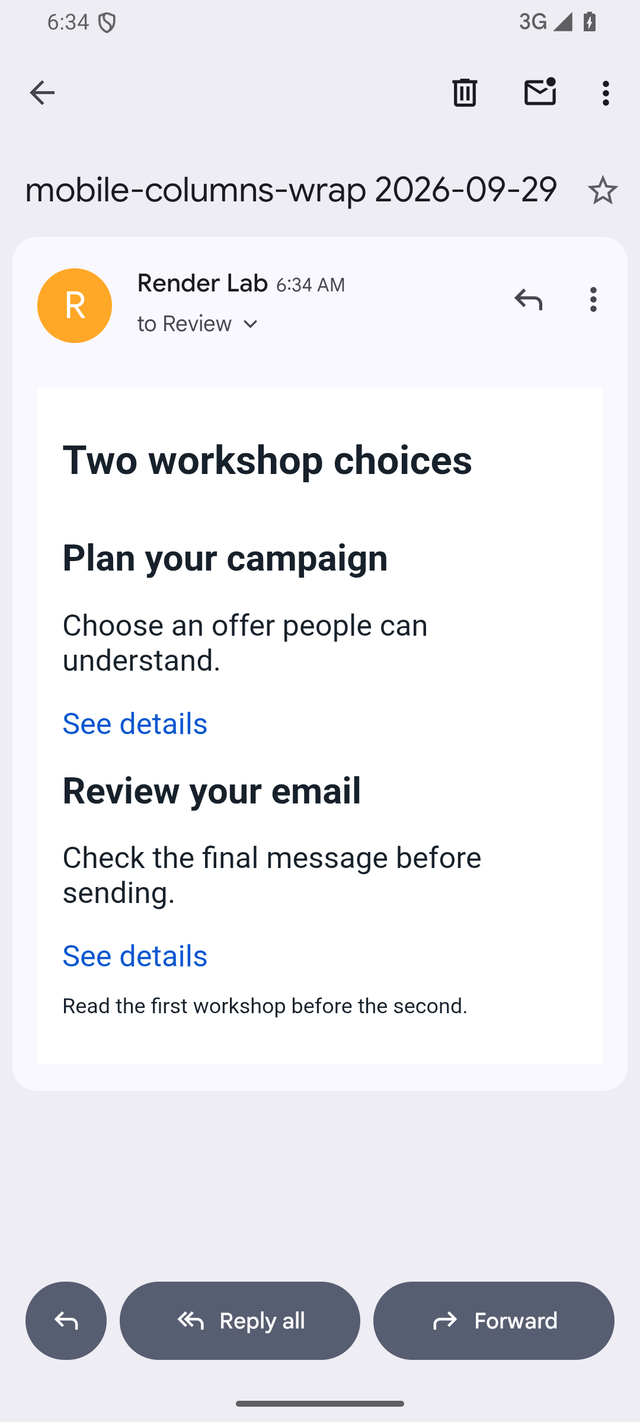 Gmail Android showing the same workshop descriptions stacked vertically after the display rule changed