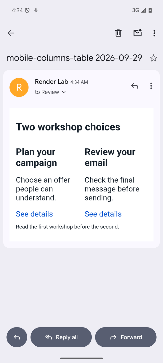 Gmail Android showing two workshop descriptions in narrow side-by-side columns
